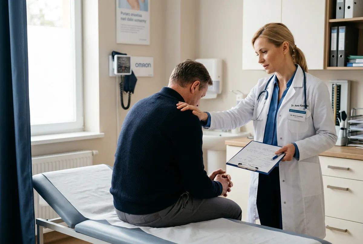 Krakowski lekarz omawia z pacjentem objawy reakcji disulfiramowej po wszyciu Esperalu